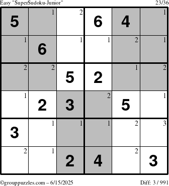 The grouppuzzles.com Easy SuperSudoku-Junior puzzle for Sunday June 15, 2025 with the first 3 steps marked