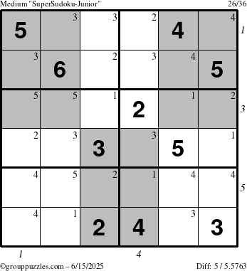 The grouppuzzles.com Medium SuperSudoku-Junior puzzle for Sunday June 15, 2025 with all 5 steps marked