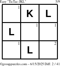 The grouppuzzles.com Easy TicTac-JKL puzzle for Sunday June 15, 2025 with the first 2 steps marked