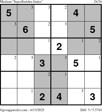 The grouppuzzles.com Medium SuperSudoku-Junior puzzle for Sunday June 15, 2025 with the first 3 steps marked