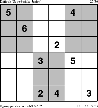 The grouppuzzles.com Difficult SuperSudoku-Junior puzzle for Sunday June 15, 2025