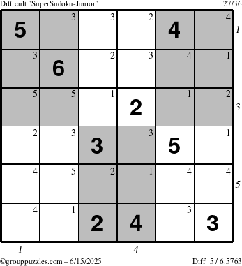 The grouppuzzles.com Difficult SuperSudoku-Junior puzzle for Sunday June 15, 2025, suitable for printing, with all 5 steps marked