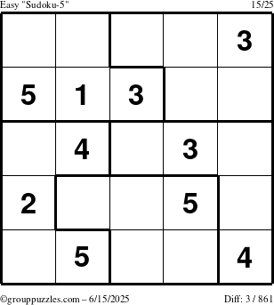 The grouppuzzles.com Easy Sudoku-5 puzzle for Sunday June 15, 2025