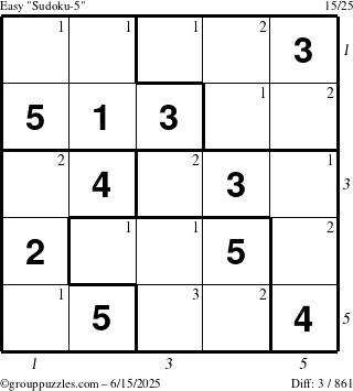 The grouppuzzles.com Easy Sudoku-5 puzzle for Sunday June 15, 2025 with all 3 steps marked