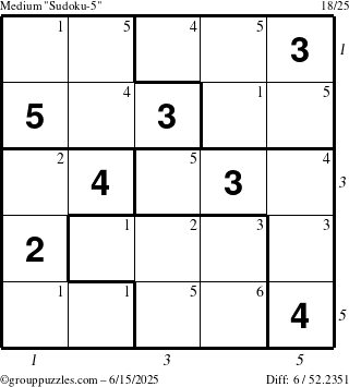 The grouppuzzles.com Medium Sudoku-5 puzzle for Sunday June 15, 2025 with all 6 steps marked