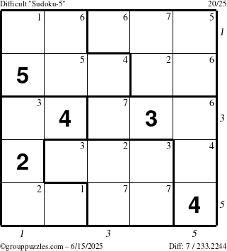 The grouppuzzles.com Difficult Sudoku-5 puzzle for Sunday June 15, 2025 with all 7 steps marked
