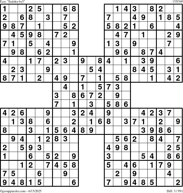 The grouppuzzles.com Easy Sudoku-by5 puzzle for Sunday June 15, 2025