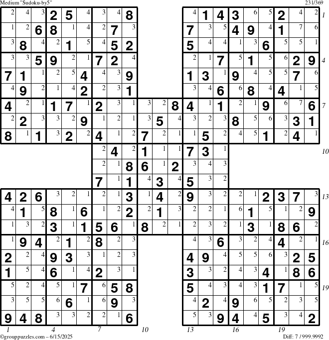 The grouppuzzles.com Medium Sudoku-by5 puzzle for Sunday June 15, 2025 with all 7 steps marked