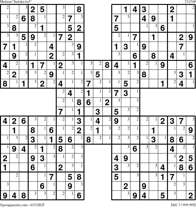 The grouppuzzles.com Medium Sudoku-by5 puzzle for Sunday June 15, 2025 with the first 3 steps marked