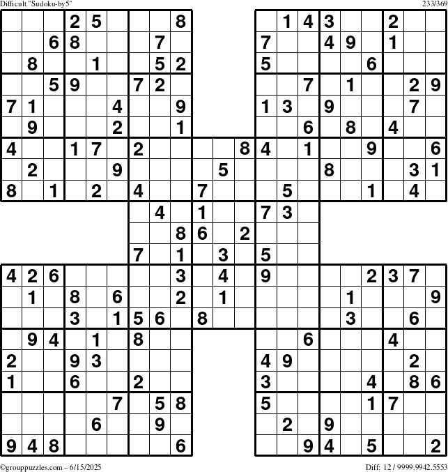 The grouppuzzles.com Difficult Sudoku-by5 puzzle for Sunday June 15, 2025