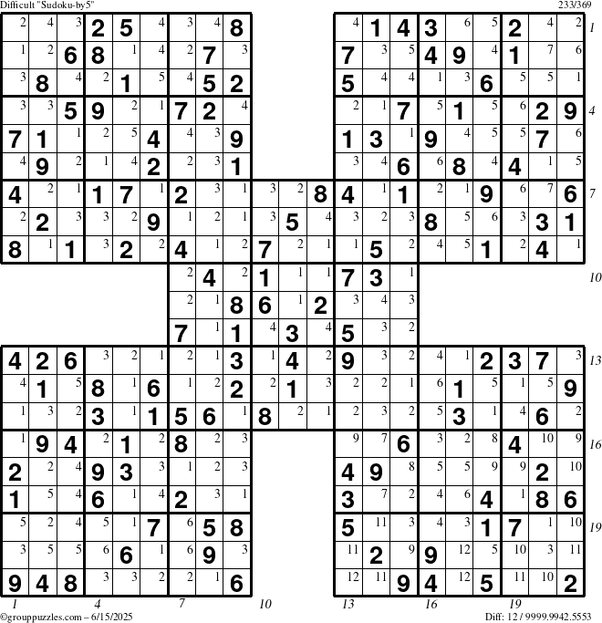 The grouppuzzles.com Difficult Sudoku-by5 puzzle for Sunday June 15, 2025 with all 12 steps marked