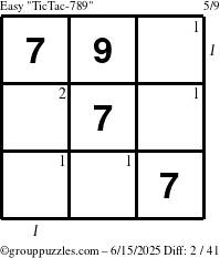 The grouppuzzles.com Easy TicTac-789 puzzle for Sunday June 15, 2025 with all 2 steps marked