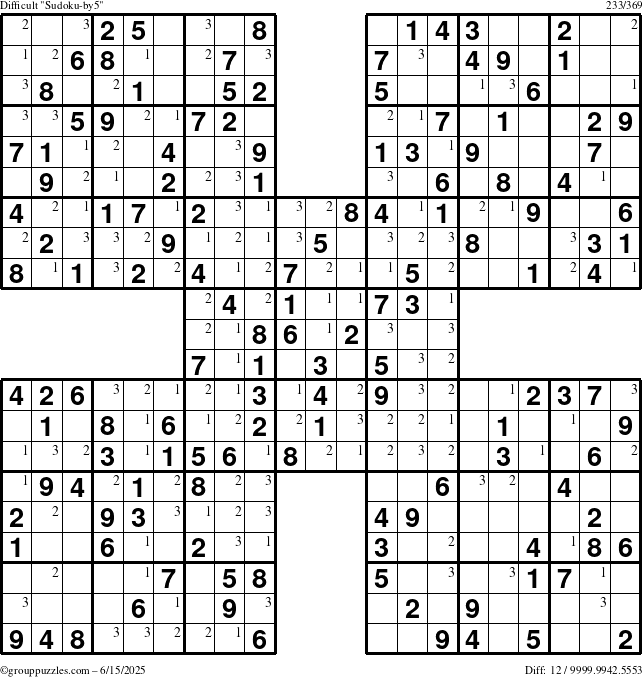 The grouppuzzles.com Difficult Sudoku-by5 puzzle for Sunday June 15, 2025 with the first 3 steps marked
