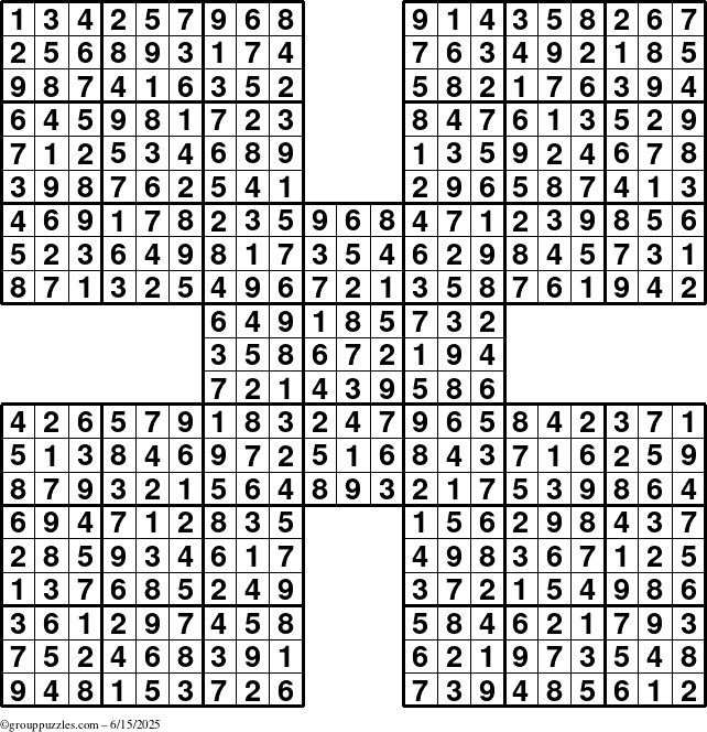 The grouppuzzles.com Answer grid for the Sudoku-by5 puzzle for Sunday June 15, 2025