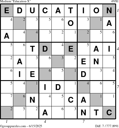 The grouppuzzles.com Medium Education-X puzzle for Sunday June 15, 2025 with all 7 steps marked