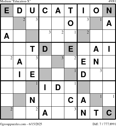The grouppuzzles.com Medium Education-X puzzle for Sunday June 15, 2025 with the first 3 steps marked