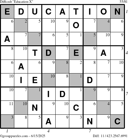 The grouppuzzles.com Difficult Education-X puzzle for Sunday June 15, 2025 with all 11 steps marked