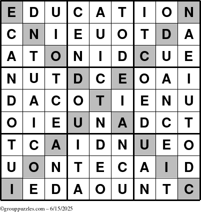 The grouppuzzles.com Answer grid for the Education-X puzzle for Sunday June 15, 2025