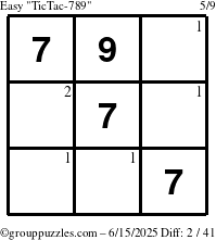 The grouppuzzles.com Easy TicTac-789 puzzle for Sunday June 15, 2025 with the first 2 steps marked