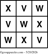 The grouppuzzles.com Answer grid for the TicTac-VWX puzzle for Wednesday May 20, 2026