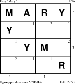 The grouppuzzles.com Easy Mary puzzle for Wednesday May 20, 2026, suitable for printing, with all 2 steps marked