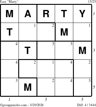 The grouppuzzles.com Easy Marty puzzle for Wednesday May 20, 2026 with all 4 steps marked