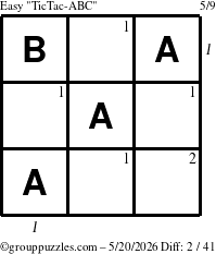 The grouppuzzles.com Easy TicTac-ABC puzzle for Wednesday May 20, 2026, suitable for printing, with all 2 steps marked