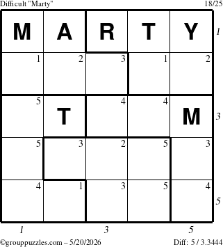 The grouppuzzles.com Difficult Marty puzzle for Wednesday May 20, 2026 with all 5 steps marked
