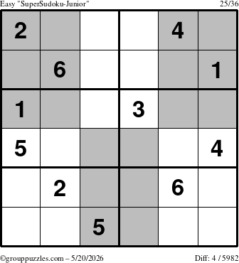 The grouppuzzles.com Easy SuperSudoku-Junior puzzle for Wednesday May 20, 2026