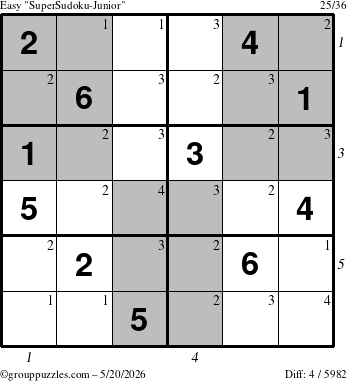 The grouppuzzles.com Easy SuperSudoku-Junior puzzle for Wednesday May 20, 2026 with all 4 steps marked