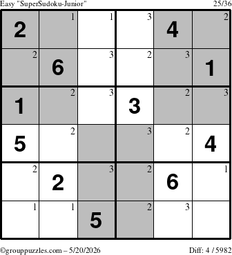 The grouppuzzles.com Easy SuperSudoku-Junior puzzle for Wednesday May 20, 2026 with the first 3 steps marked