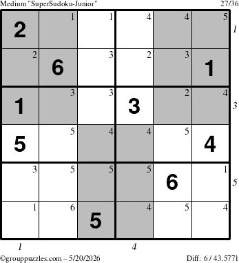 The grouppuzzles.com Medium SuperSudoku-Junior puzzle for Wednesday May 20, 2026 with all 6 steps marked