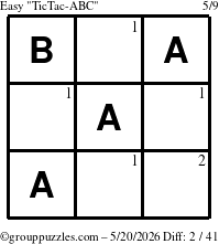 The grouppuzzles.com Easy TicTac-ABC puzzle for Wednesday May 20, 2026 with the first 2 steps marked