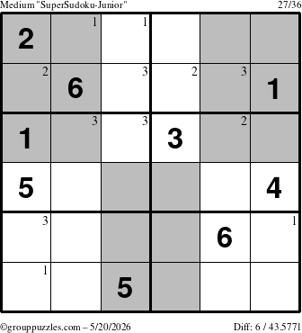 The grouppuzzles.com Medium SuperSudoku-Junior puzzle for Wednesday May 20, 2026 with the first 3 steps marked