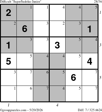 The grouppuzzles.com Difficult SuperSudoku-Junior puzzle for Wednesday May 20, 2026, suitable for printing, with all 7 steps marked