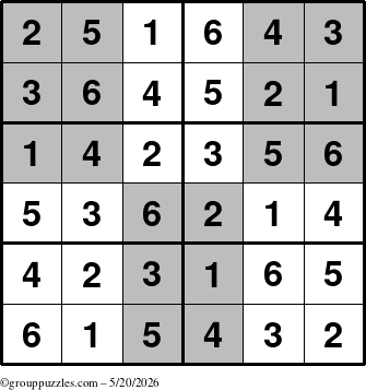 The grouppuzzles.com Answer grid for the SuperSudoku-Junior puzzle for Wednesday May 20, 2026
