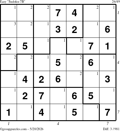 The grouppuzzles.com Easy Sudoku-7B puzzle for Wednesday May 20, 2026, suitable for printing, with all 3 steps marked
