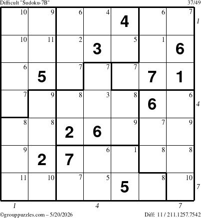 The grouppuzzles.com Difficult Sudoku-7B puzzle for Wednesday May 20, 2026 with all 11 steps marked