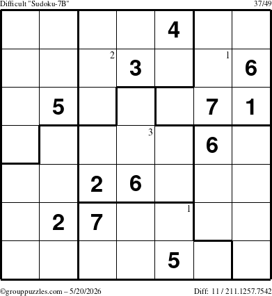 The grouppuzzles.com Difficult Sudoku-7B puzzle for Wednesday May 20, 2026 with the first 3 steps marked