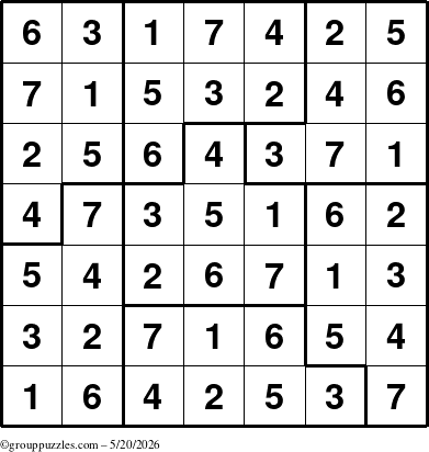 The grouppuzzles.com Answer grid for the Sudoku-7B puzzle for Wednesday May 20, 2026