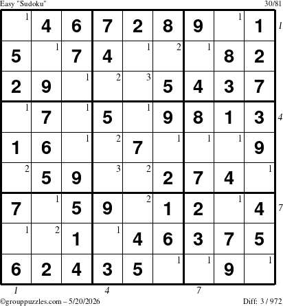 The grouppuzzles.com Easy Sudoku puzzle for Wednesday May 20, 2026, suitable for printing, with all 3 steps marked