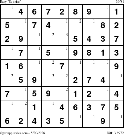 The grouppuzzles.com Easy Sudoku puzzle for Wednesday May 20, 2026 with the first 3 steps marked