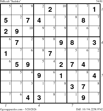 The grouppuzzles.com Difficult Sudoku puzzle for Wednesday May 20, 2026, suitable for printing, with all 10 steps marked