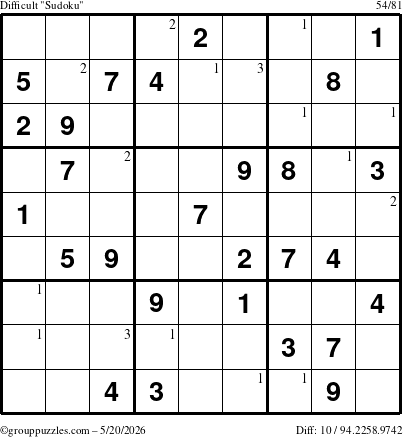 The grouppuzzles.com Difficult Sudoku puzzle for Wednesday May 20, 2026 with the first 3 steps marked