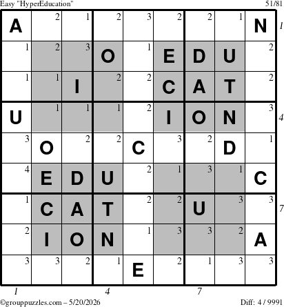The grouppuzzles.com Easy HyperEducation-i23 puzzle for Wednesday May 20, 2026 with all 4 steps marked