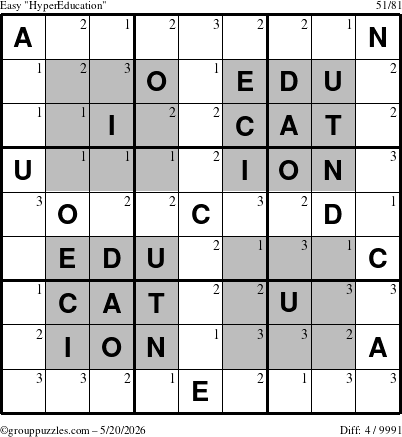 The grouppuzzles.com Easy HyperEducation-i23 puzzle for Wednesday May 20, 2026 with the first 3 steps marked