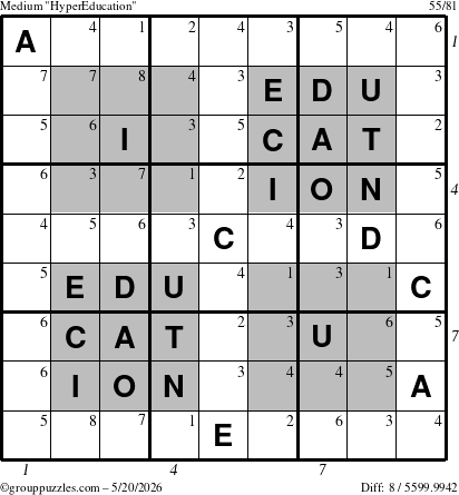 The grouppuzzles.com Medium HyperEducation-i23 puzzle for Wednesday May 20, 2026, suitable for printing, with all 8 steps marked