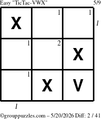 The grouppuzzles.com Easy TicTac-VWX puzzle for Wednesday May 20, 2026, suitable for printing, with all 2 steps marked