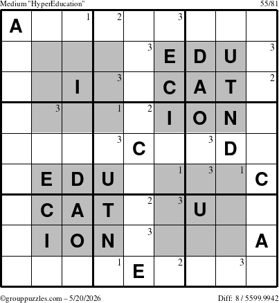 The grouppuzzles.com Medium HyperEducation-i23 puzzle for Wednesday May 20, 2026 with the first 3 steps marked