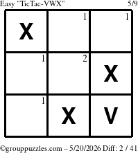 The grouppuzzles.com Easy TicTac-VWX puzzle for Wednesday May 20, 2026 with the first 2 steps marked